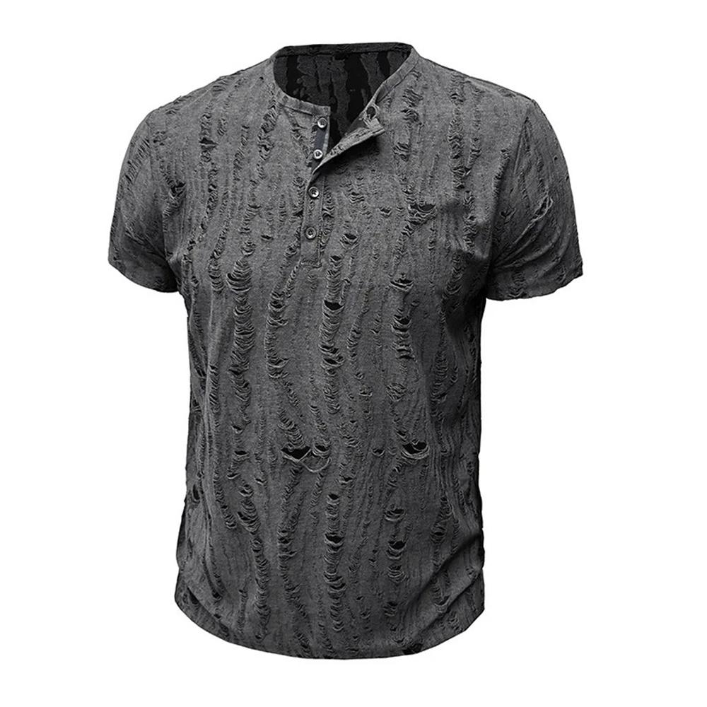 Men's Short-sleeved T-shirt Broken Holes Retro Men's Fashion Henley Shirt Men's Casual Fashion Tops Slim Fit