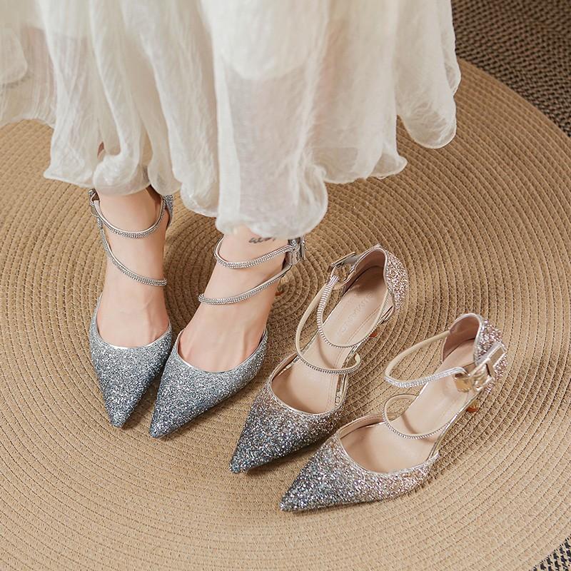 Ombre High Heels Women's Summer New Pointed Toe Shallow Mouth Sequin Crystal Wedding Shoes Versatile Stiletto Shoes
