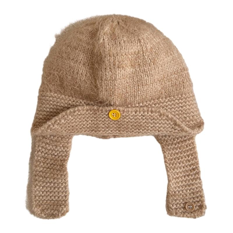 Winter Warm Knit Hat for Women Girl Button EarFlap Beanie Hat Outdoor Activity Scarf Cap Windproof Headwear Pullover Hat