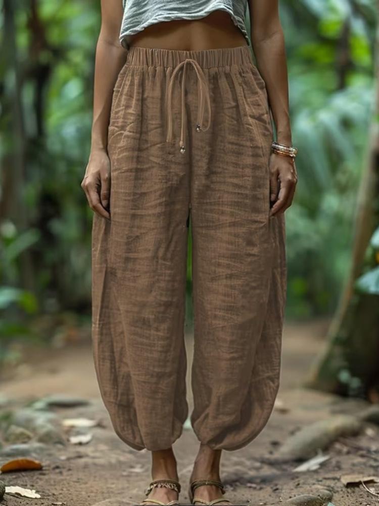 Loose Linen Pants | Comfortable and Easy Design with Fake Drawstring, Solid Color, All-season Wear