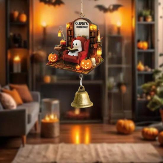 Ghost Reading Book Halloween Ornament 2D Flat Ghost In Reading Nook Hanging Decoration with Bell Window Hanging Wind Chime for Home Decor