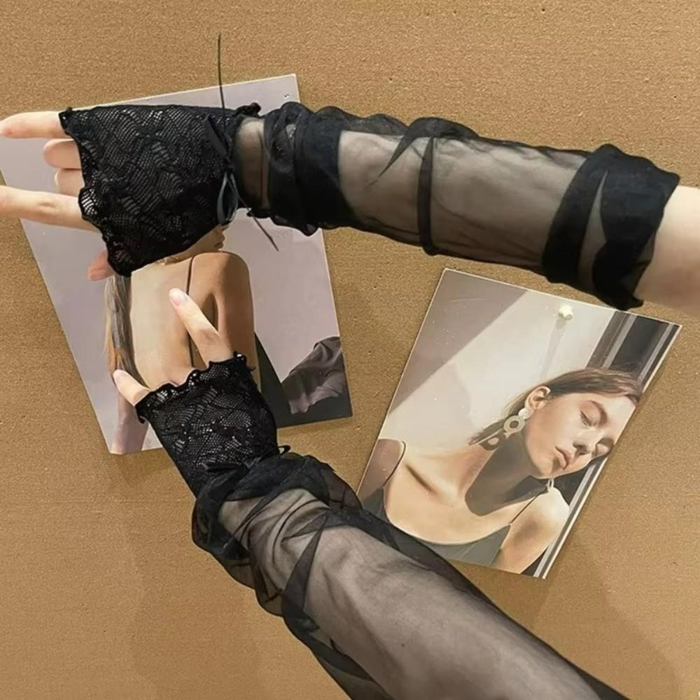 Bowknot Fingerless Gloves Sheer Lolita Gloves Y2K Mesh Gloves