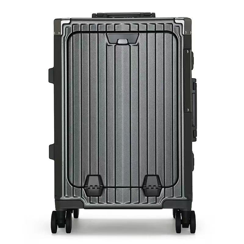 20 Inch Front Opening Multifunctional PC Aluminum Frame Carry On Luggage - Rechargeable Rolling Suitcase with Combination Lock & Spinner Wheels