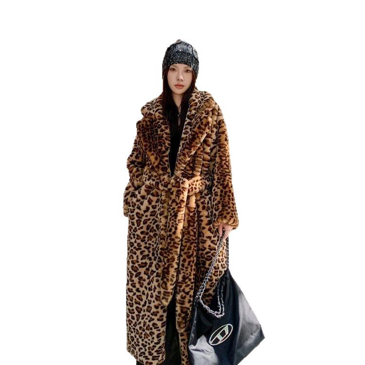 Fur leopard print extended loose suit collar fur jacket imitation rabbit fur knee coat lapel collar women
