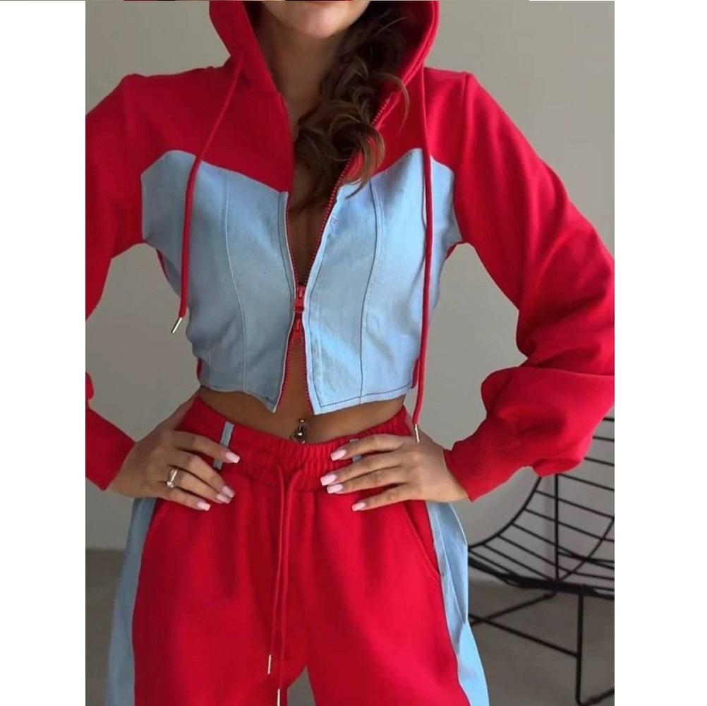 Women's Color Blocked Fashion Set Sexy Waist Hooded Cross Color Cardigan Sports Pants Two Piece