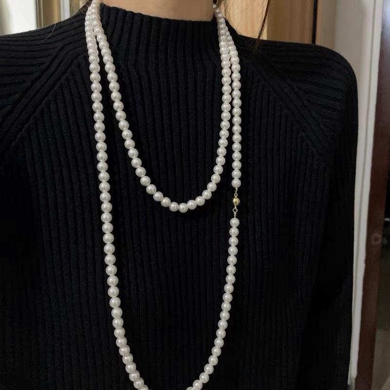 New personality fashionable temperament multi-layer stacked magnetic buckle pearl necklace long light luxury sweater chain accessories neck chain