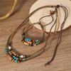 Ethnic 2pcs/Set Multi-layer Vintage Wood Beads Pendant Leather Beaded Weaved Prayer Necklace& Bracelet Fashion Jewelry Gifts