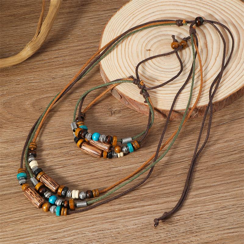 

Ethnic 2pcs/Set Multi-layer Vintage Wood Beads Pendant Leather Beaded Weaved Prayer Necklace& Bracelet Fashion Jewelry Gifts
