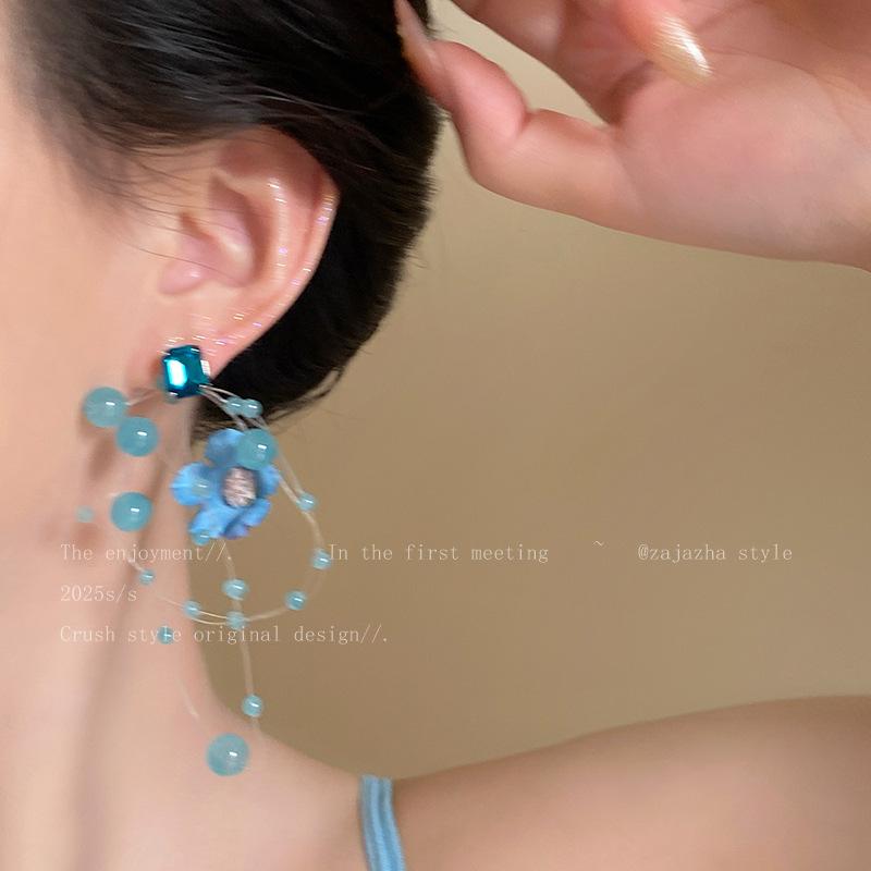 Glass beads flower fringed earrings summer dopamine sweet stud earrings temperament atmosphere earrings women