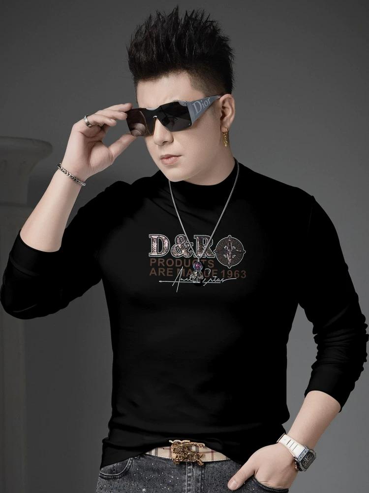 

European-Style Long-Sleeve Men s T-Shirt 2025 New Autumn Half-High Collar Casual Top Trendy Brand Printed Rhinestone Base Shirt 2XL чёрный