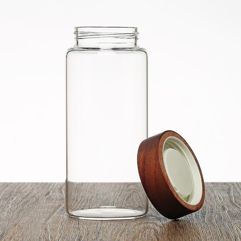 Acacia Wood Lid High Borosilicate Glass Storage Jar, Transparent, Sealed, Perfect for Tangerine Peel and Daily Use.