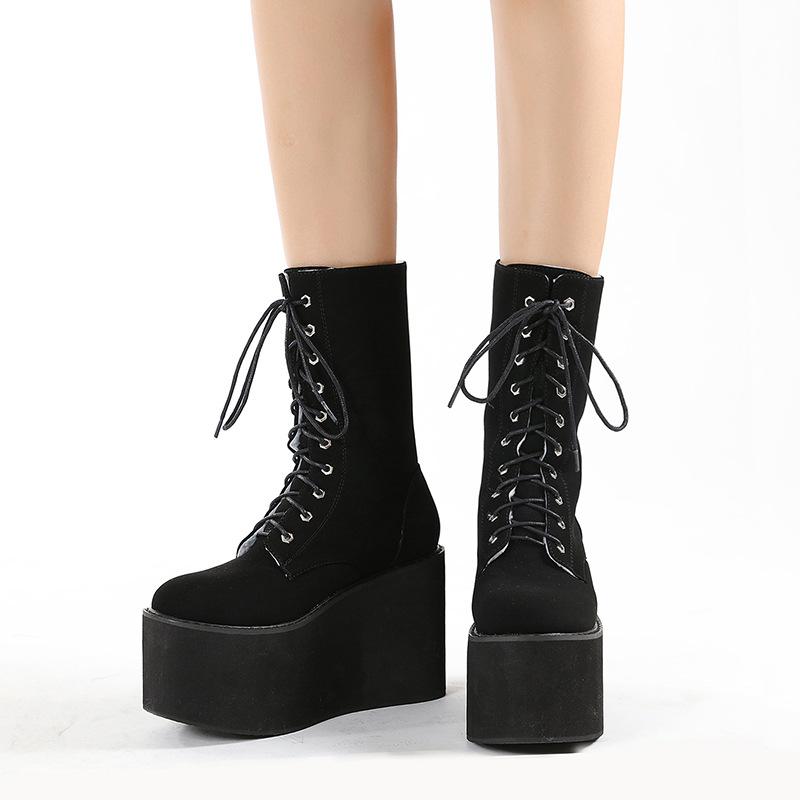 Thick-soled Muffin Women's Boots Front Lace-up Tall Tube Round Head Martin Boots Wedge Heel Solid Color Autumn Women's Boots