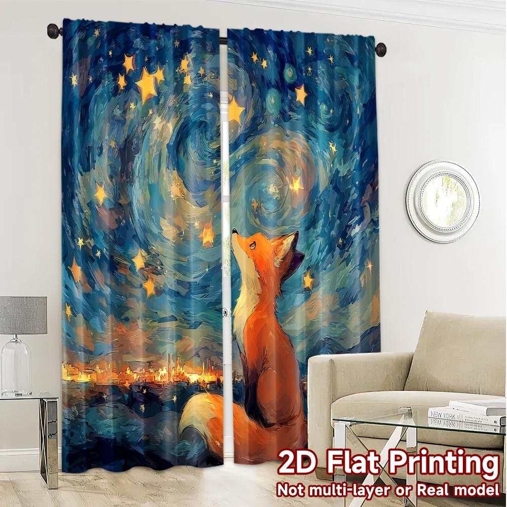 Modern Flat Printing Curtains Without Rod Starry Fox Versatile Fabric Room Decor Semi Sheer Set Of 2 Made Polyester
