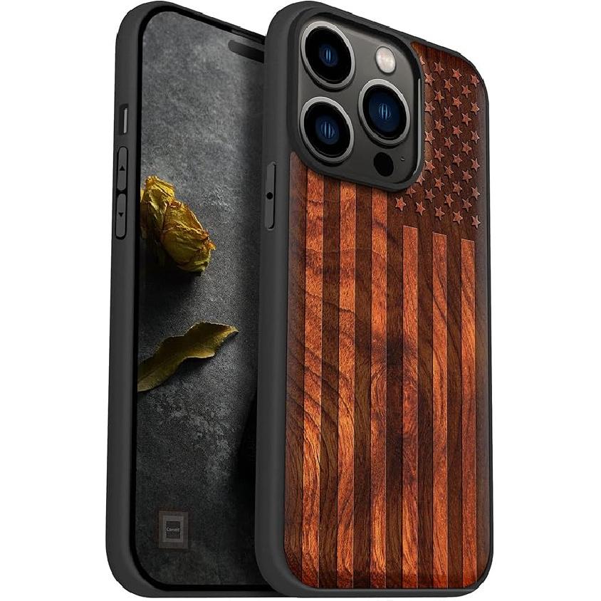 Carveit Magnetic Wood Case for iPhone 14 Pro - Natural Wood & Black Soft TPU - Shockproof Protective Cover - Unique & Classy Wooden Case - Compatible розовый лес