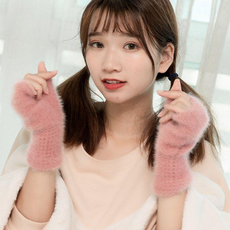 Stylish Womens Knit Faux Cashmere Winter Gloves Thick Warm Half Finger Comfort