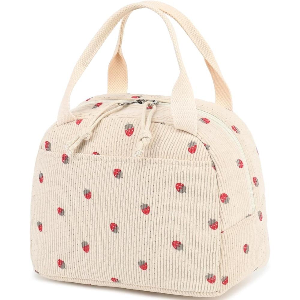 Cute Corduroy Lunch Bag Strawberry Pattern Insulated Design Picnic Tote Bags Large Capacity Reusable Food Pouch for Work Travel