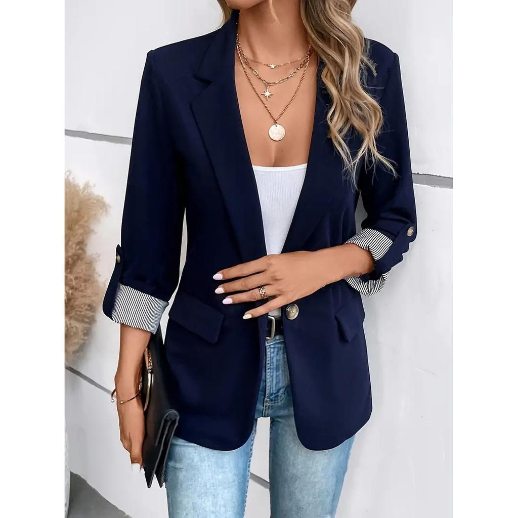 Fashionable Casual Button Up Suit Slim Fit Seven Quarter Rolled Sleeve Suit Jacket for Women
