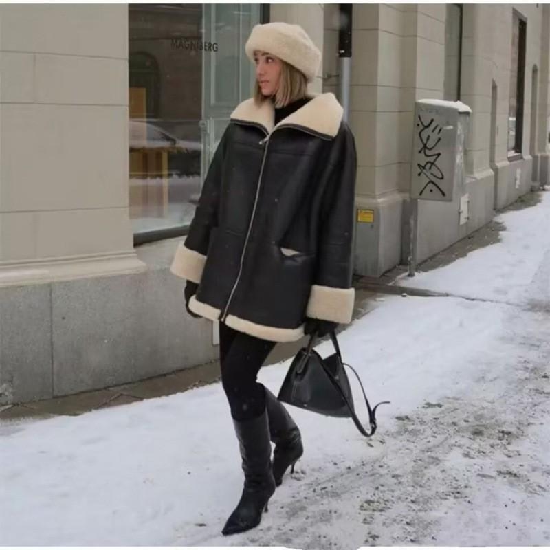 Womens Oversized Cotton Padded Coat With Faux Fur Collar Street Style Loose Fit Winter Jacket