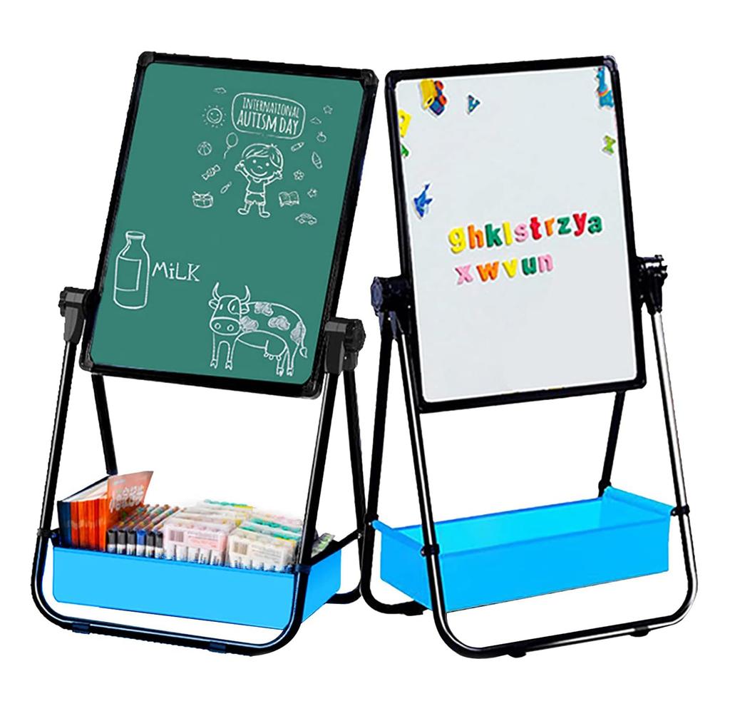 Children's Easel, Double-sided Blackboard and Whiteboard, Made of Iron, Foldable, 360 Degree Rotation, with Storage Basket, Height Adjustment Range