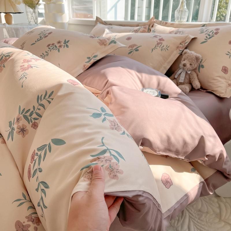 Romantisches Elegantes Bettwäsche-Set Weicher Schicker Blumenblüten-Druck Bettbezug Hautfreundliches Bettlaken Kissenbezüge 4 Teile Einzel Doppel König