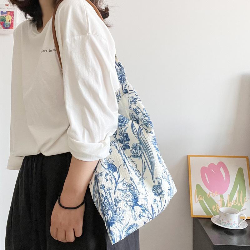 Niche Retro New Chinese Blue And White Porcelain Flower Bag Cowhide Shoulder Strap Underarm Bag Oblique Span Bag Women'S Thin Cloth Bag