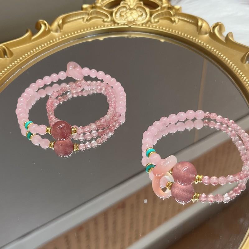 Natural Pink Quartz Bracelet Double Layer Stackable Strawberry Crystal Beaded Wrap Bangle Women