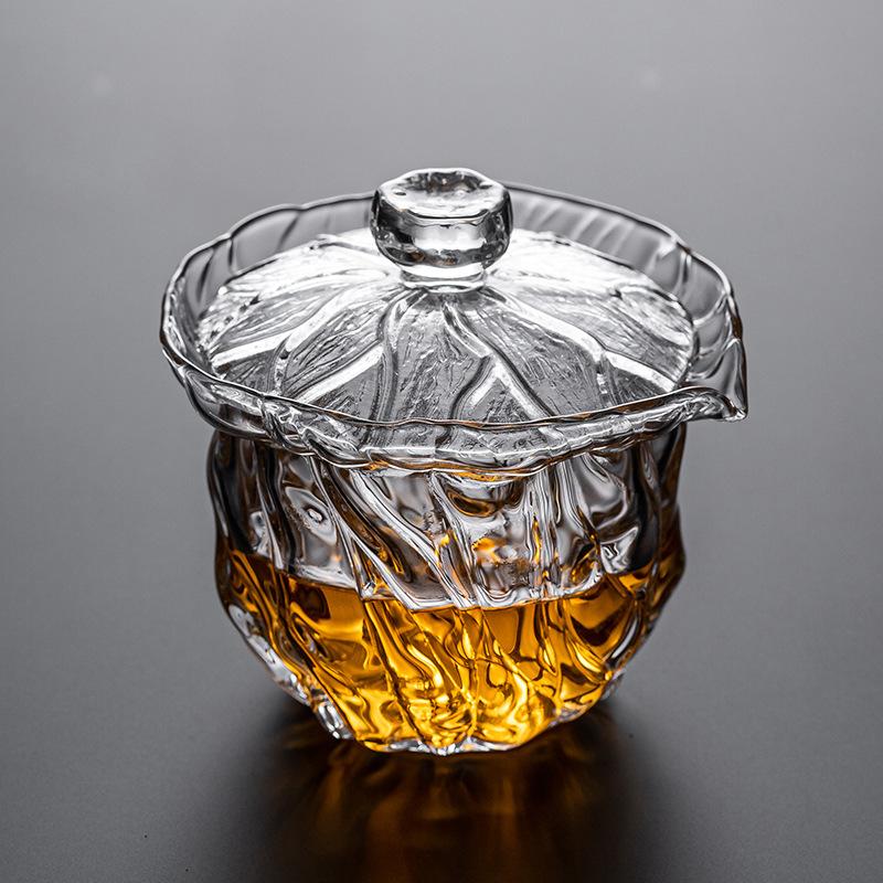 200ml Lotus Leaf Transparent Gaiwan Thickened Tea Cup Heat-resistant Glass Tea Making Pot Single Hand Grab Pot  200ml