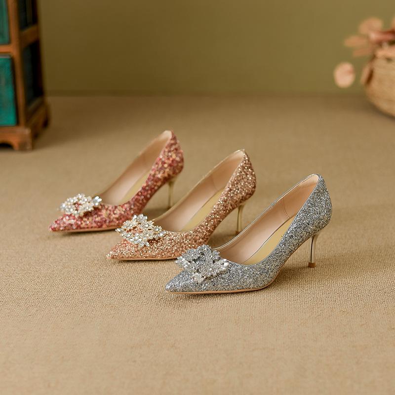 Leather Xiuhe Dress Wedding Shoes Women's 2025 Red Sequins High-end Stiletto Chinese Bridal High Heels Are Not Tired