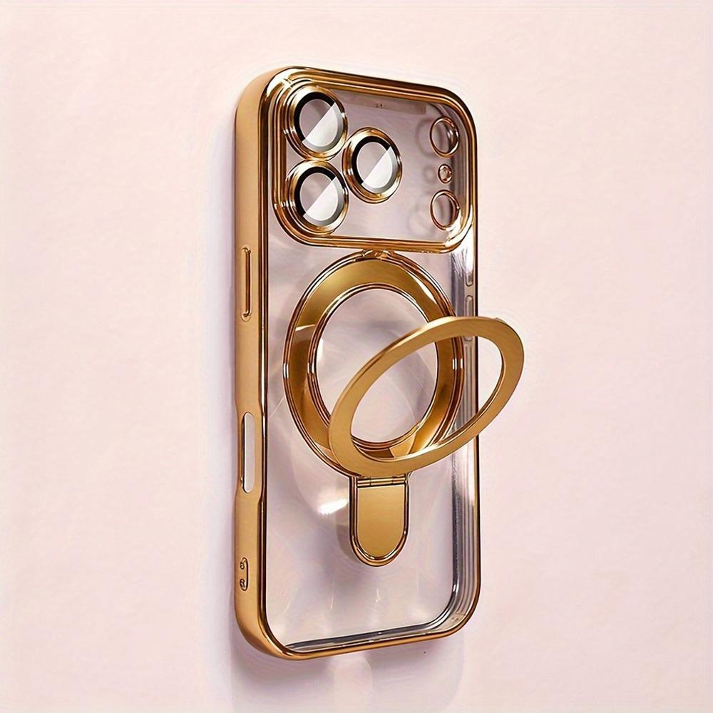 Luxury Plating Magnetic Bracket Phone Case For iPhone 17 16 15 14 13 Pro Max 17Pro Cases For Magsafe Stand Holder Clear Cover