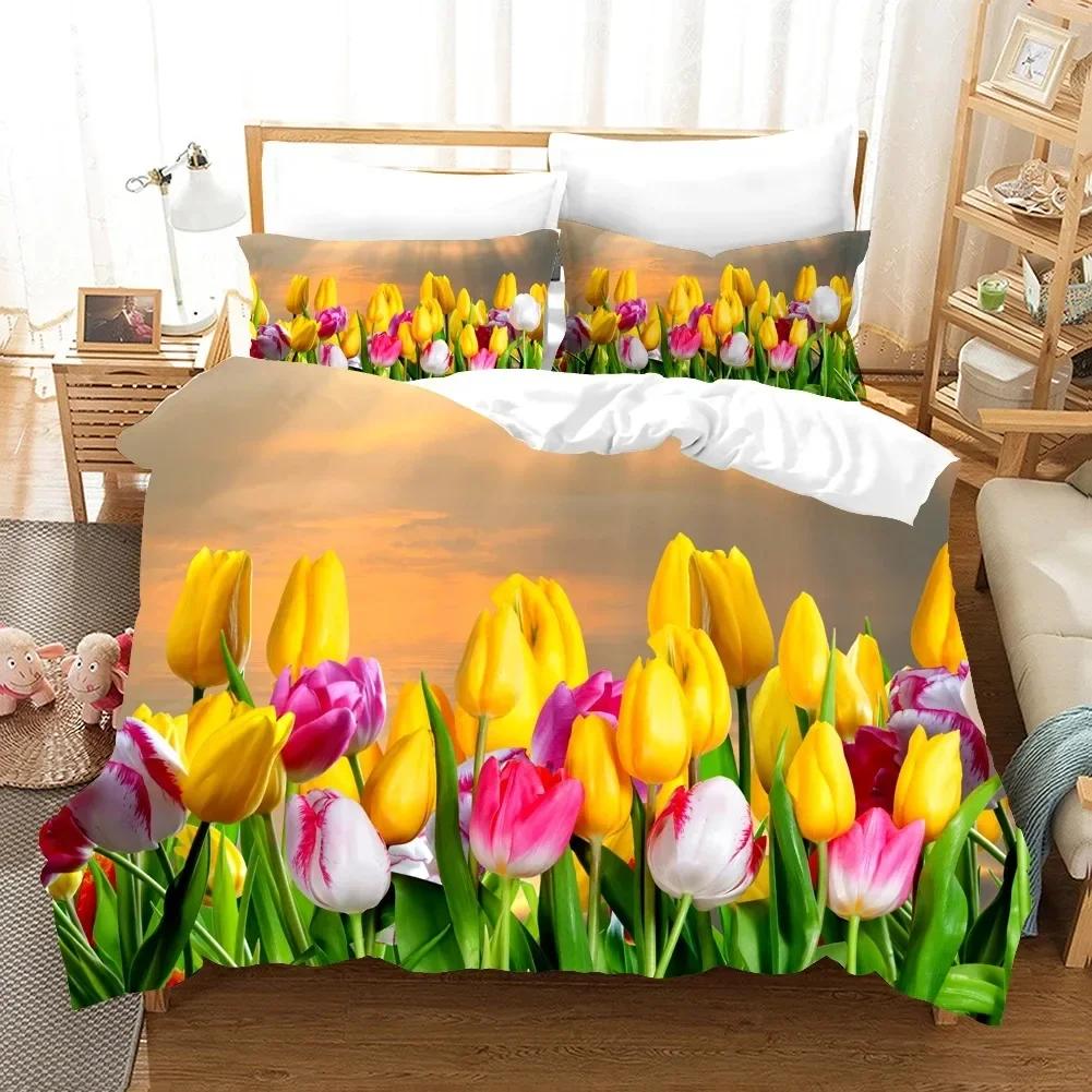Fiori Tulipano Rosa Paesaggio Elegante Set Biancheria da Letto Singolo Gemello Matrimoniale Queen King Cal King Size Letto Set in Lino