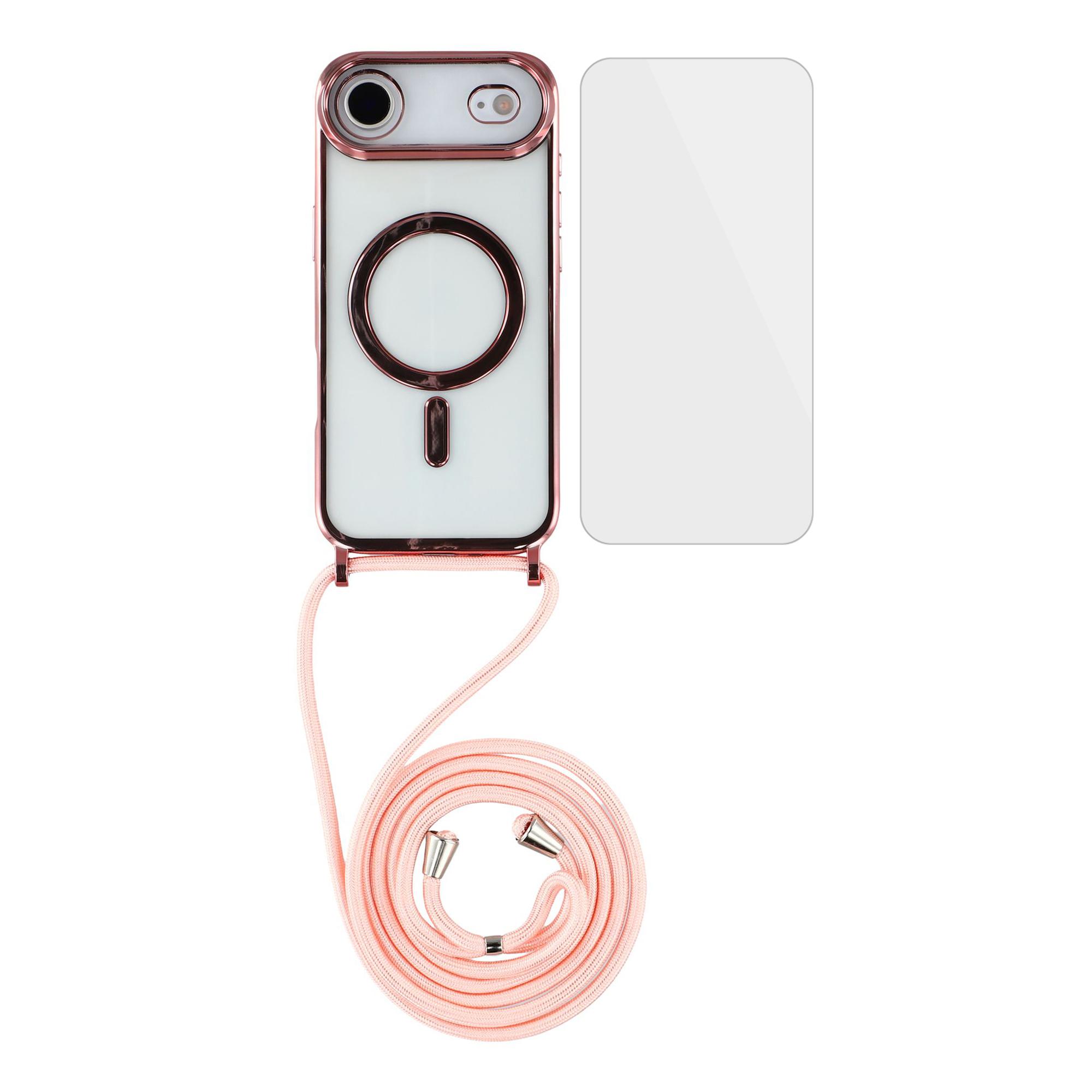 

For iPhone 17 Air Magnetic Case Electroplating Edge TPU Phone Cover with Screen Film/Shoulder Strap Pink