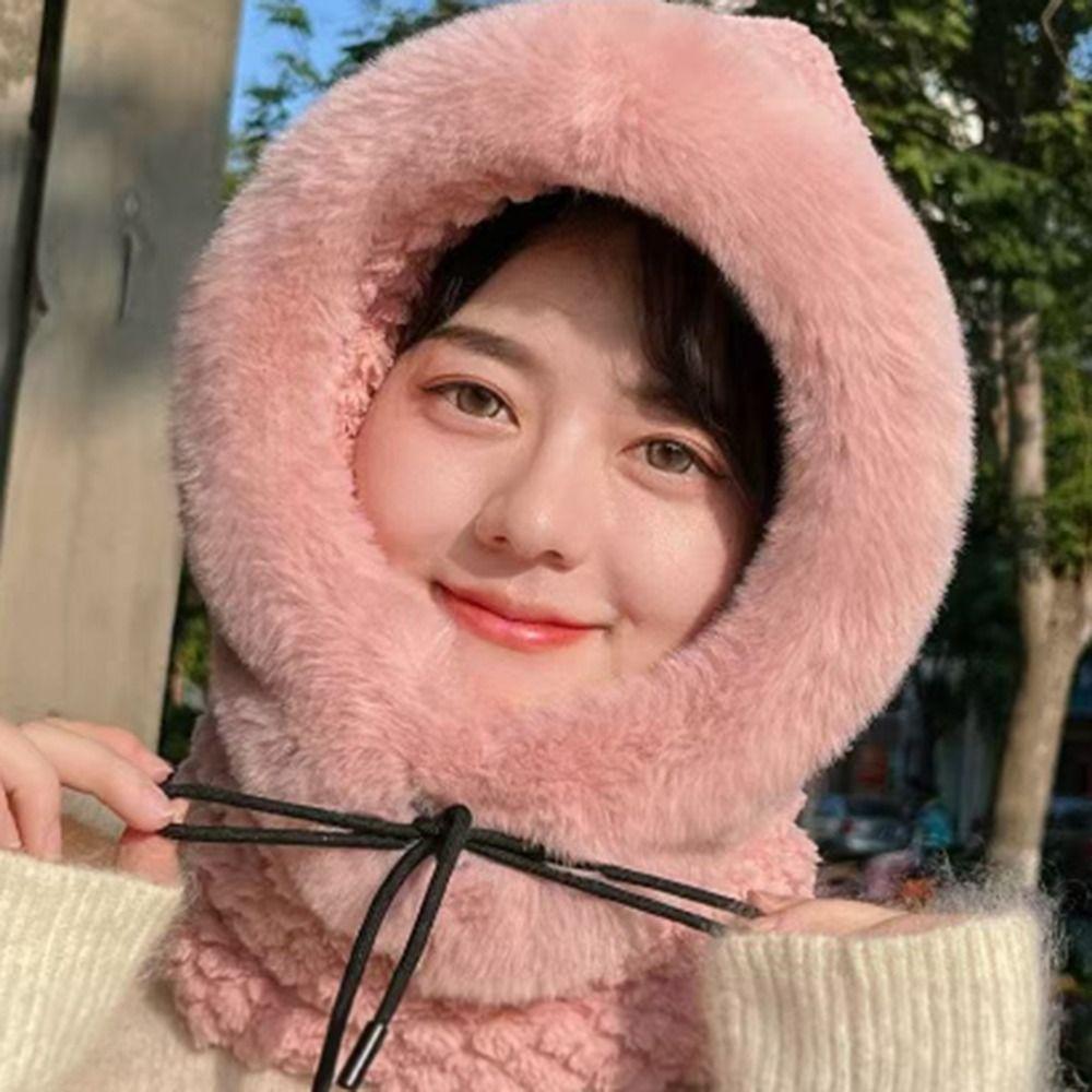 Thickened Beanies Cap Plush Ear Protection Hat Fashion Integrated Scarf Hat Set  Outdoor