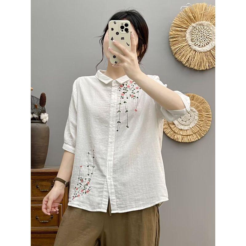 

White Embroider Half Sleeve Shirt for Women 2024 Summer New Arrival Artsy Fresh Loose Leisure Embroidery Shirt 9820 White vine flower L 64.00 kg-75.00 kg(Pure cotton)
