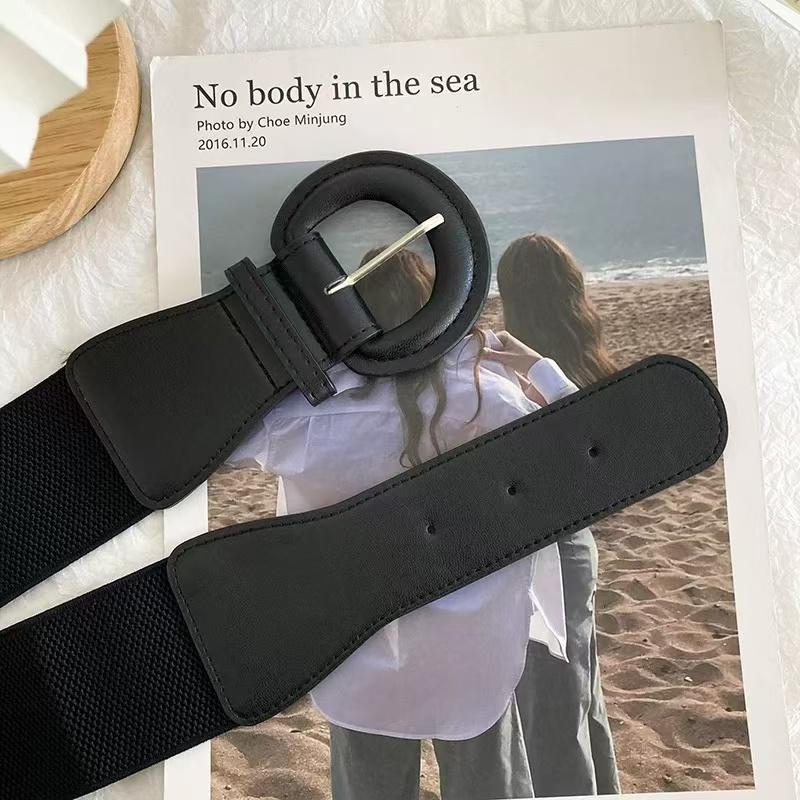 Women's Decorative Belt with a Wool Overcoat, Practical Korean-style Black Elastic Waist Cincher, Vintage Sweater, and Leather