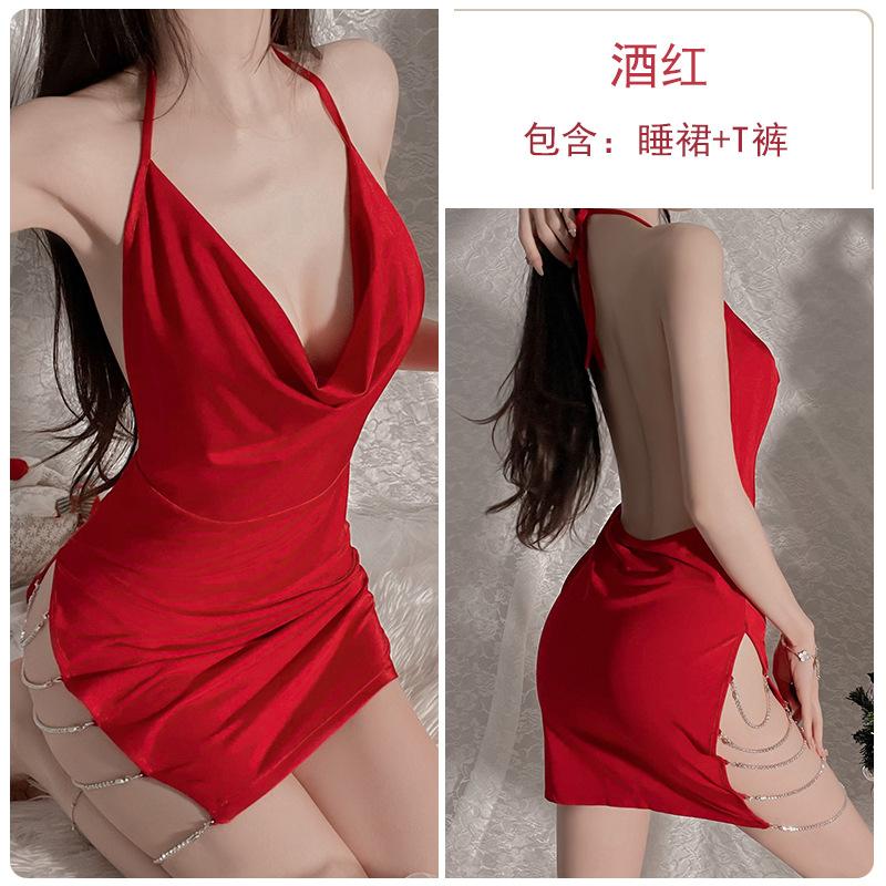 Women's Silky Cowl Neck Deep V High Slit Backless Sleep Dress Lingerie Set