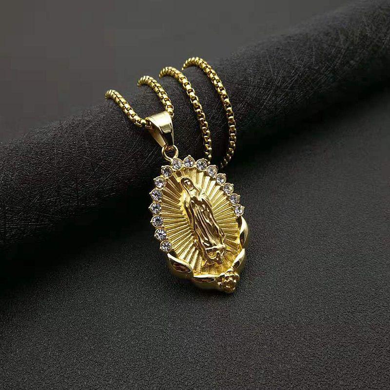 Jungfrau Maria Edelstahl Anhänger Halskette mit Strassstein für Damen Gold Farbe Unsere Liebe Frau Schmuck Großhandel
