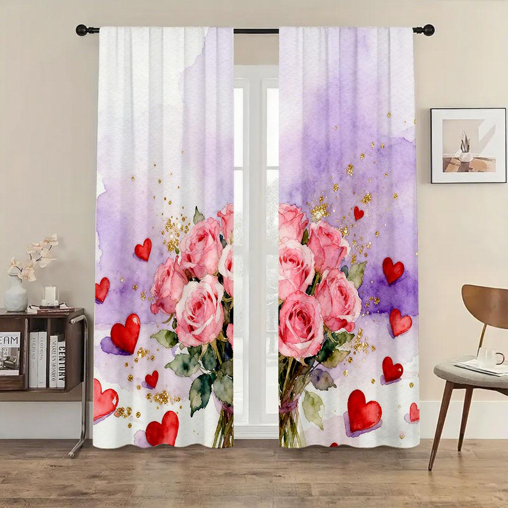 2pcs Watercolor Pink Rose & Red Heart Curtains   Perfect for Valentine's Day Window Decor  Rod Pocket Curtains