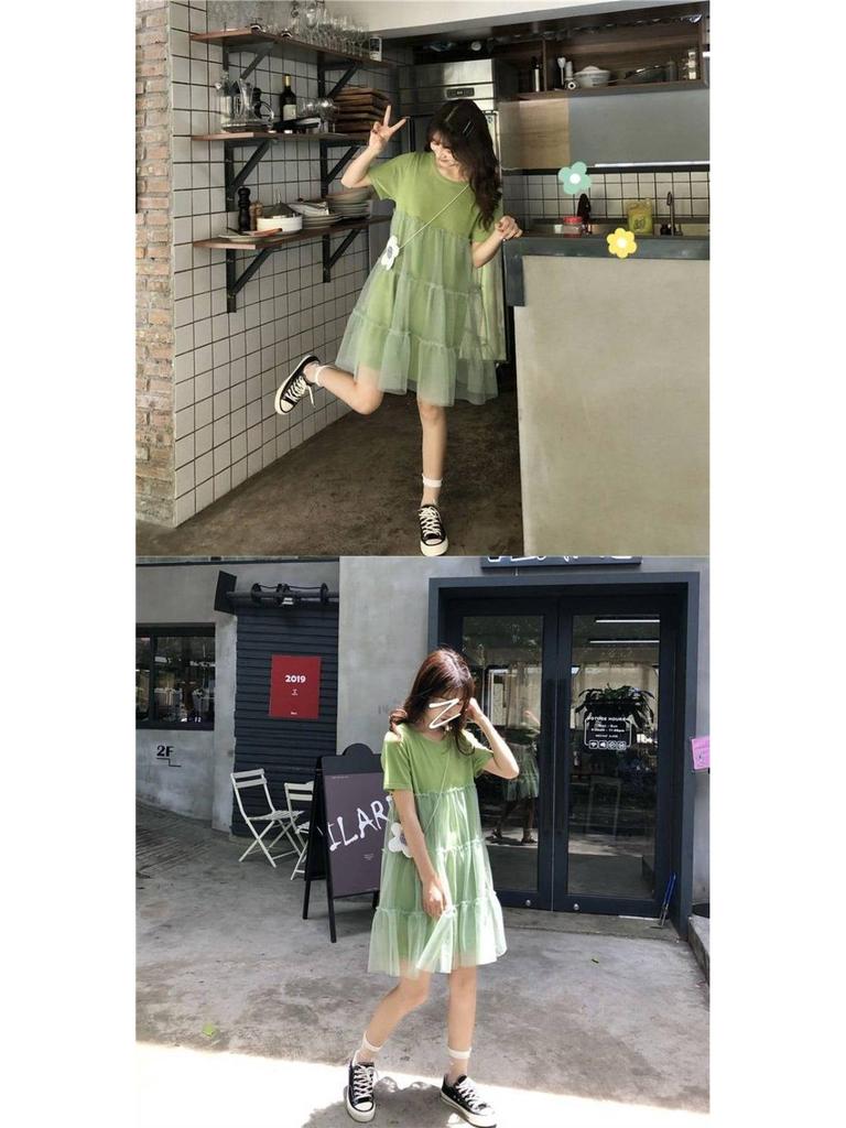 Summer 2023 Korean-Style Maternity Patchwork Dress – Loose Fit, Fresh, Sweet, and Fairy-Themed with Short Sleeves.