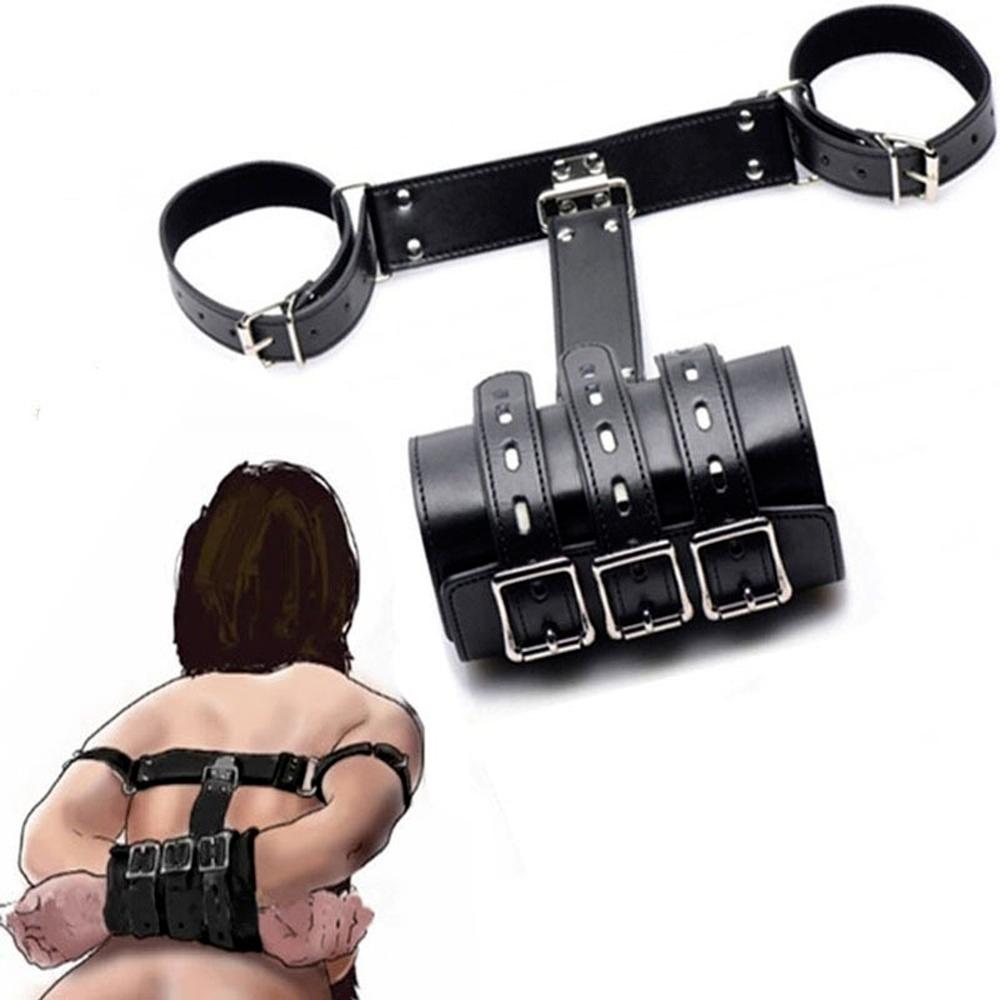 Leather Exotic SM Sex Toys Bondage Lockable Handcuffs BDSM Slave Arms Binder Restraints Stra Arm Behind Back Sexual Toy Adult