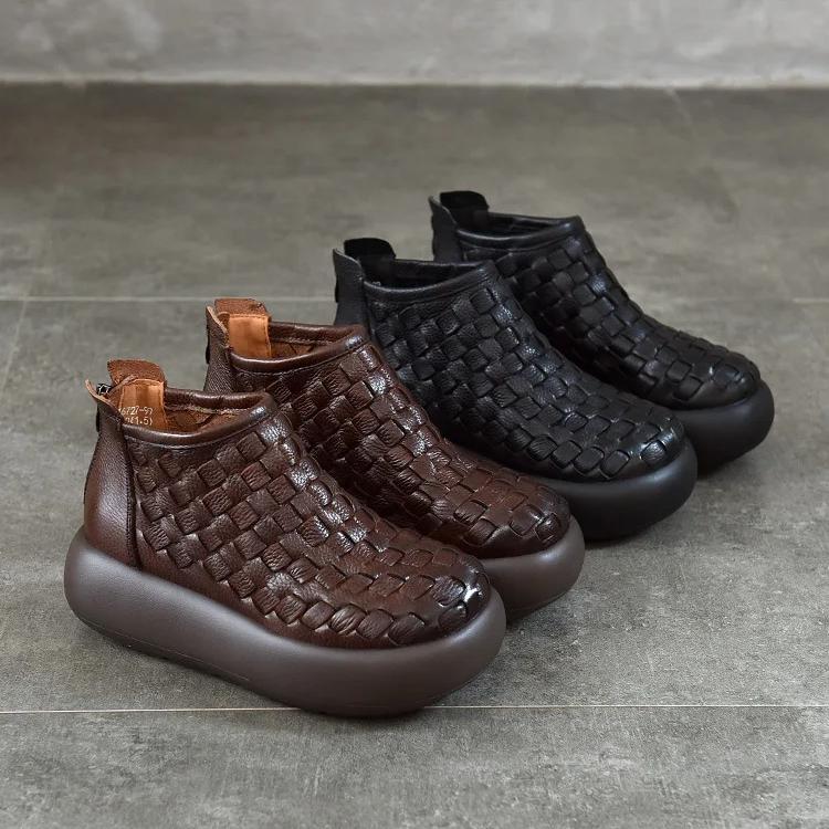 Johnature Retro Handmade Woven Genuine Leather Ankle Boots Women's Platform Shoes