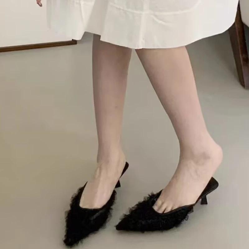Pointed Toe Mid Heels Women Slippers Elegant Shallow Heeled Shoes 2025 Summer Fad Slides Pumps Designer Dress Sandalias De Mujer