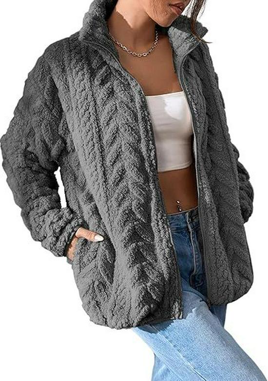 2026 Women's Solid Color Casual Zipper Cardigan with Stand Collar Fleece Jacket