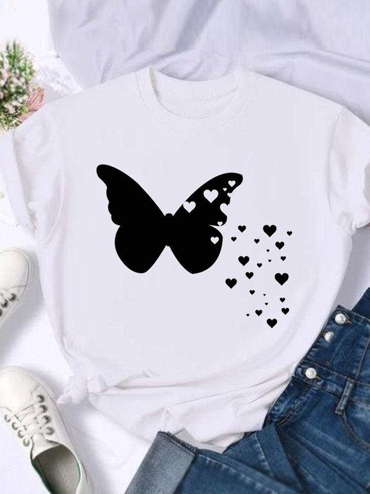 Kortärmade T-shirts Dam T-shirt Tryck Sommar Tecknad Fjäril Trend Söt Skjorta Dam Grafisk T Topp T-shirt Mode Kläder
