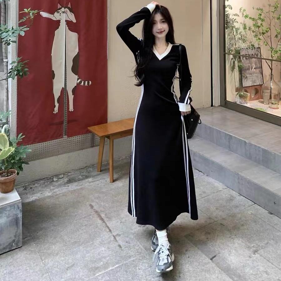 

Дизайнерское нишевое платье с длинным рукавом и V-образным вырезом, женское, осеннее, в корейском стиле, приталенное, А-силуэта, повседневная длинная юбка 2XL