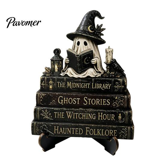 Fall Fireplace Decorations Halloween Reading Ghost Figurine, Wooden Desktop Ornaments, Vintage Spooky Shelf Accents Statue with Stand for Home
