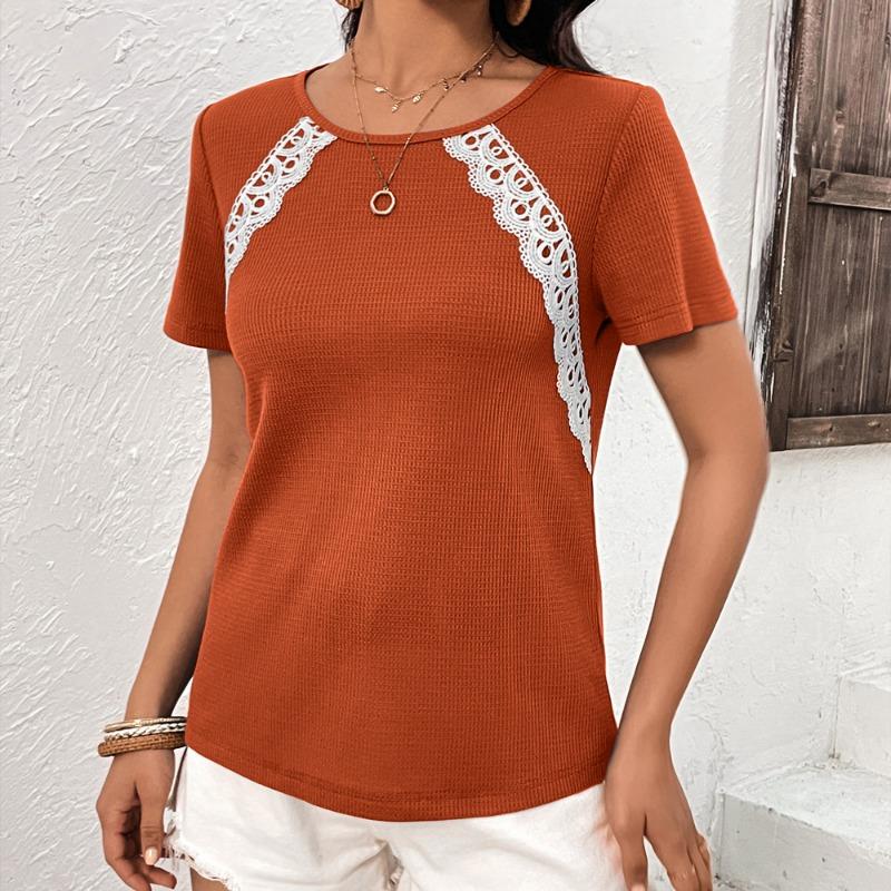 Women's Solid Waffle T-shirt Casual Round Neck Short Sleeve T-shirts Top for Women