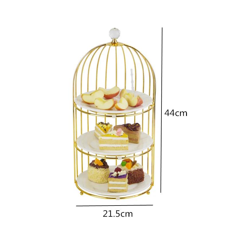 Birdcage Double Layer Cake Stand Wrought Iron Display Stand Ceramics Three-tier Fruit Tray Afternoon Tea Dessert Decorative Rack