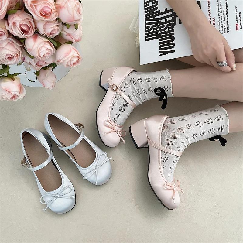 New Thick Heel Shoe Elegant Bow Lolita Shoes College Girls High Heels Pumps Fashion Women Sandals Dancing Shoes Mary Janes Shoes