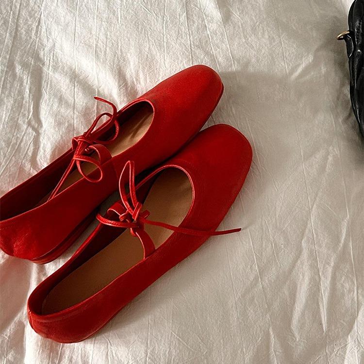 

new leather soft-soled Mary Jane single shoes women s light mouth red strap flat ballet shoes 40