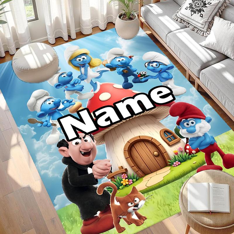 Custom Name Personalized Blue Smurfs Print Carpet, Versatile Home Decor Rug, for Playroom, Apartment, Balcony, Entryway, Hallway Gift